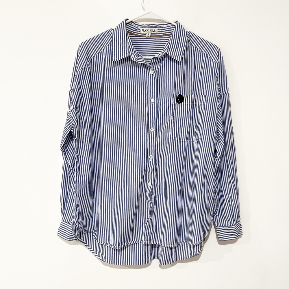 Alex Mill Striped Classic Button Down Blue Polka Dot 3D Flower Pocket size Large